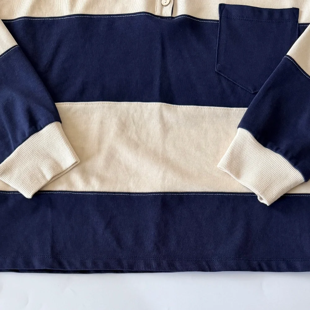 Long Sleeve Navy and Cream Stripe Button-Down Shirt - Picture 2 of 7